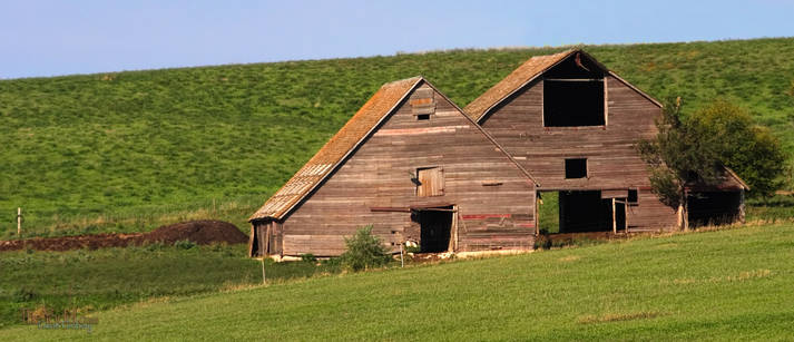 Two barns backed by a hill